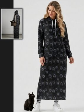 Black Cat-Print Hoodie Maxi Dress Long Vtg Cat Theme